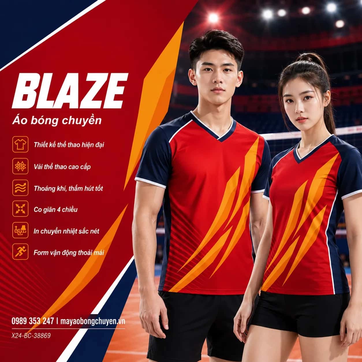 Áo bóng chuyền Blaze đỏ cam phối navy cho đội