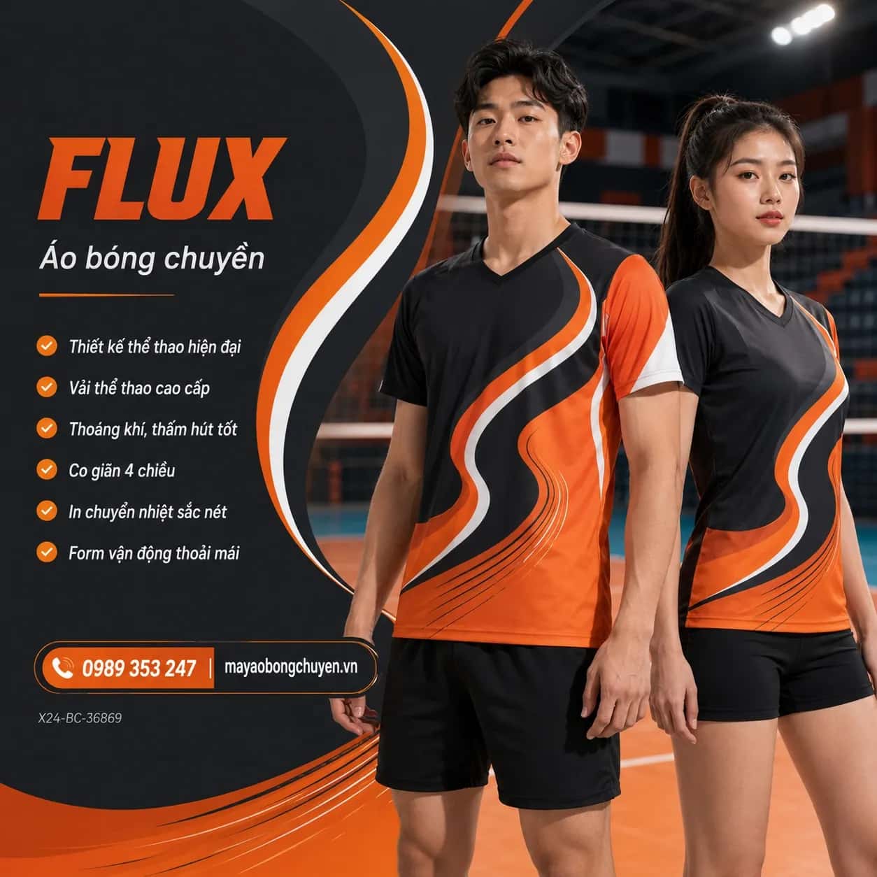 Áo bóng chuyền Flux cam đen phối trắng cho đội