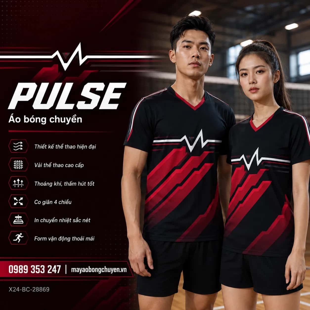 Áo bóng chuyền Pulse đen đỏ cho đội nam nữ