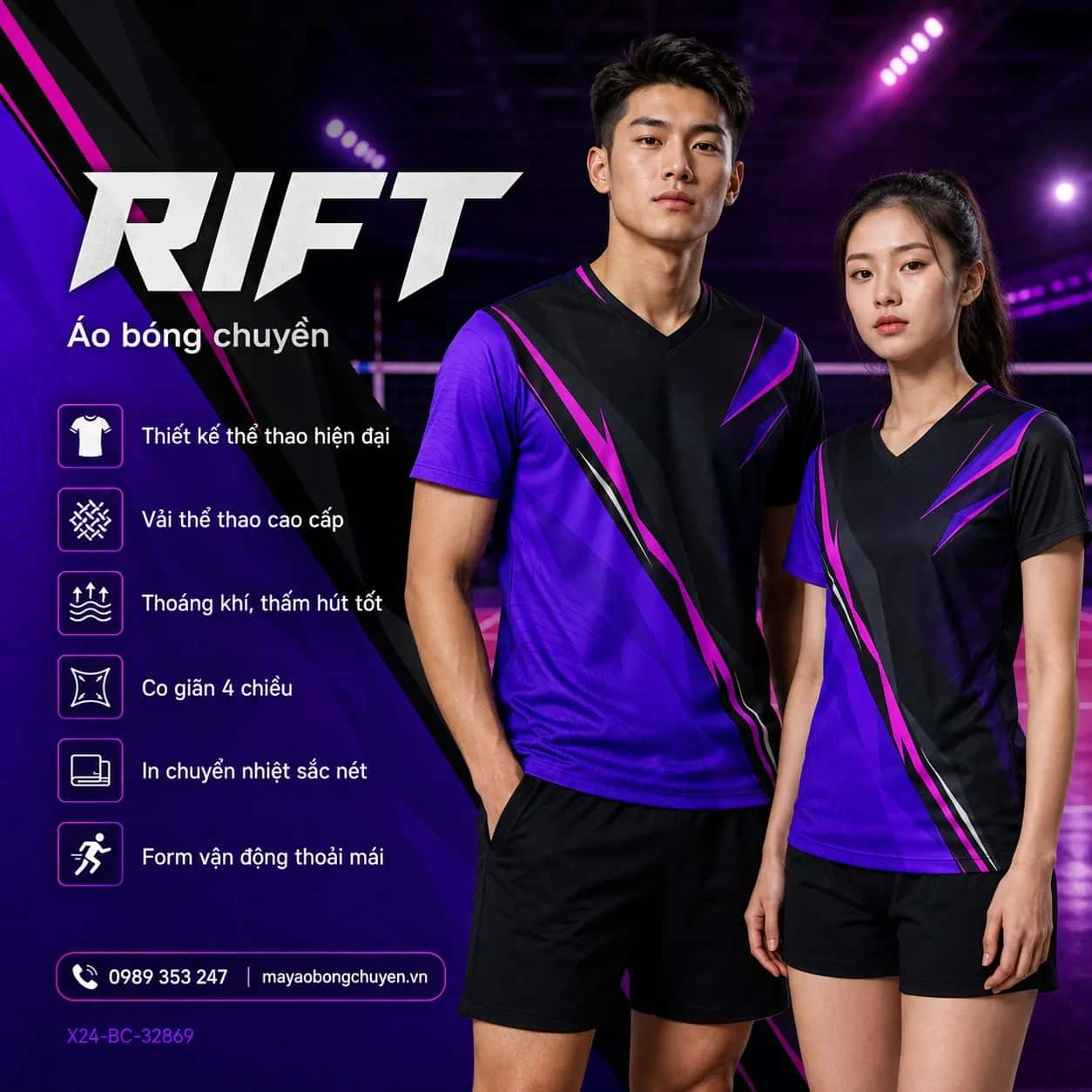Áo bóng chuyền Rift tím đen phối magenta cho đội