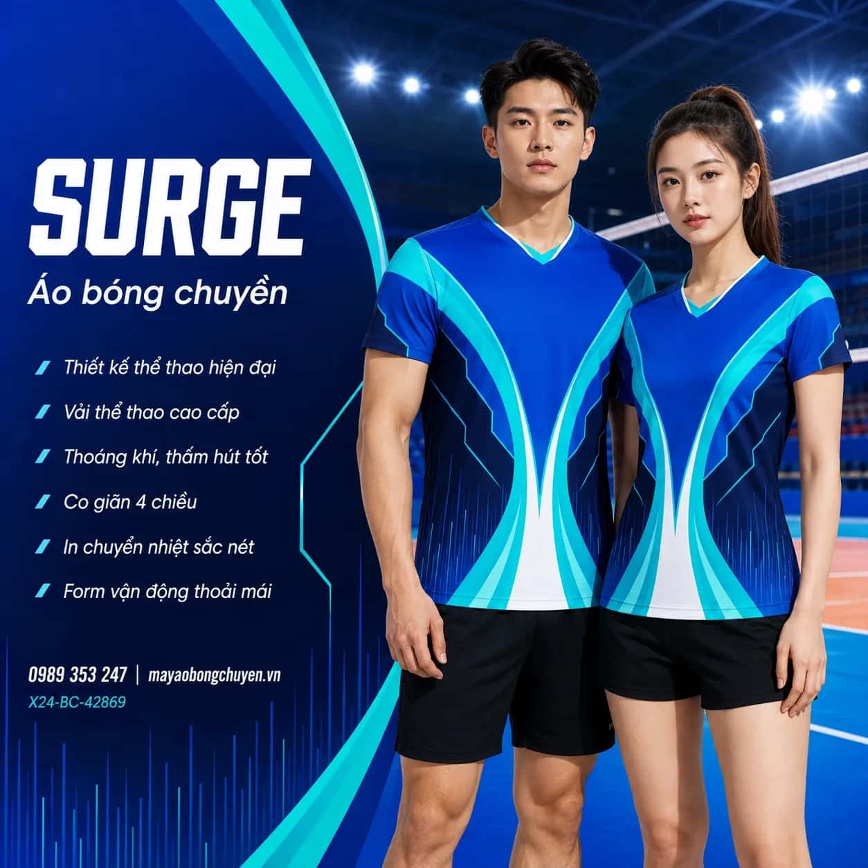 Áo bóng chuyền Surge xanh cobalt phối turquoise