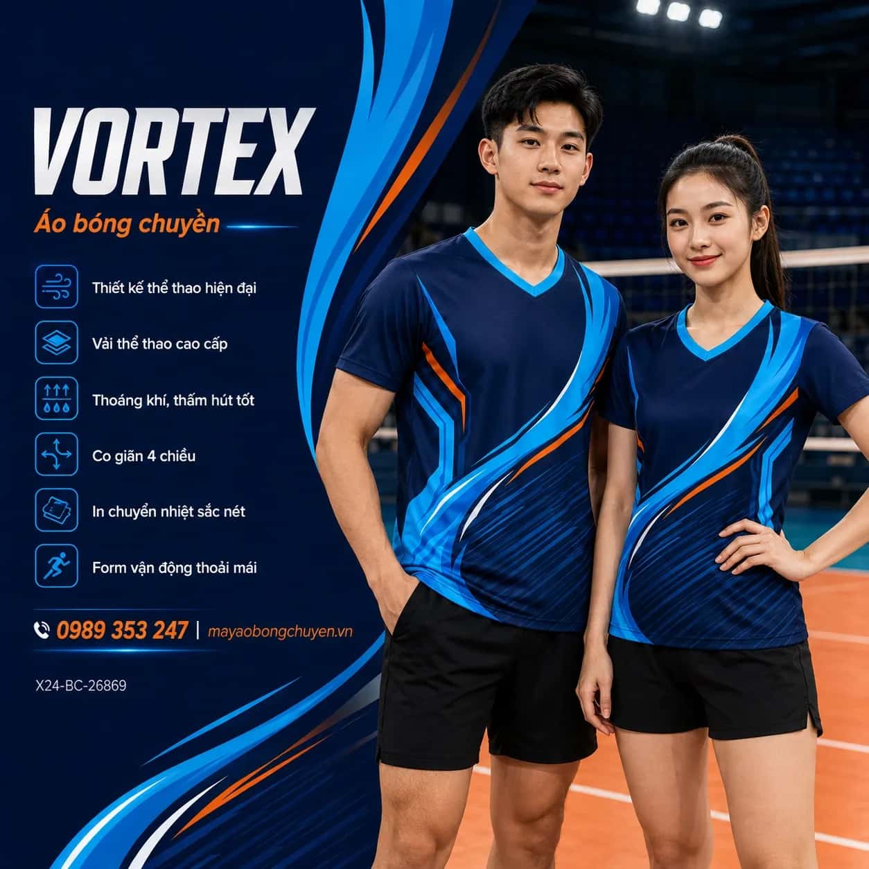 Áo bóng chuyền Vortex xanh navy phối cyan cho đội nam nữ