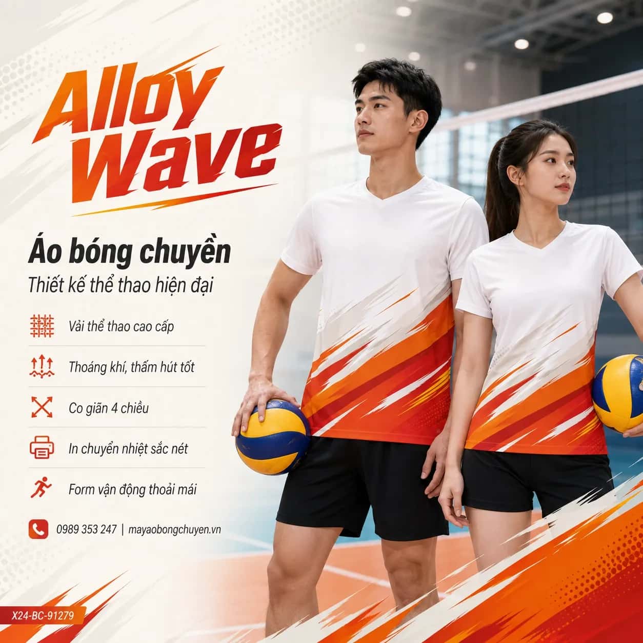 Áo bóng chuyền Alloy Wave phối trắng, cam cháy, đỏ scarlet và vàng gold đặt may cho đội