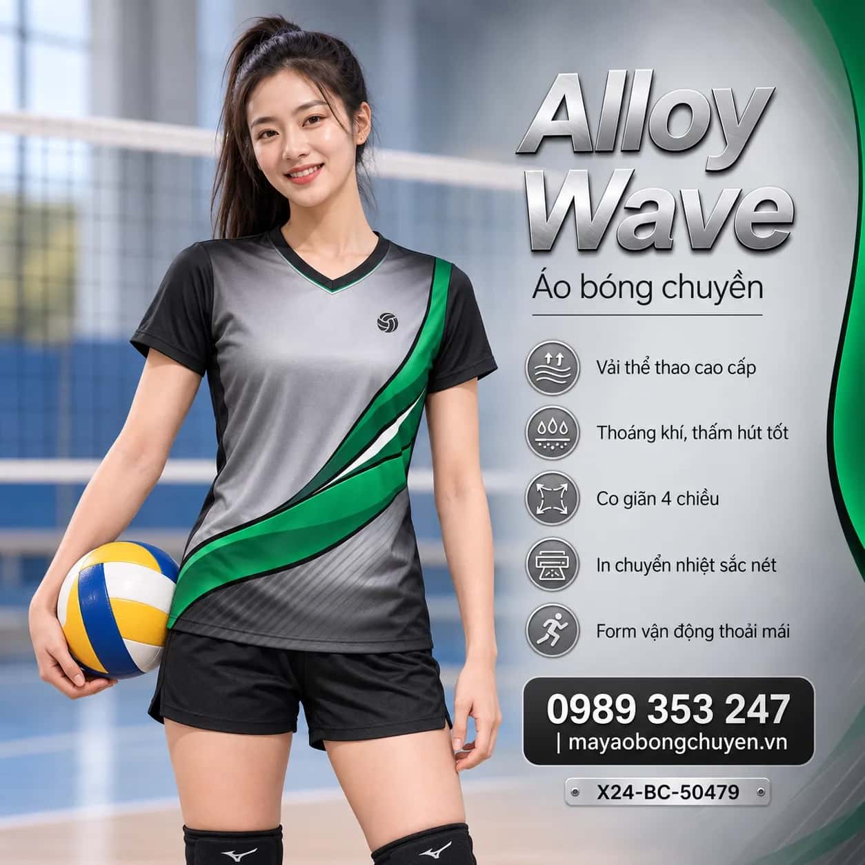 Áo bóng chuyền Alloy Wave xám bạc phối xanh emerald đặt may cho đội