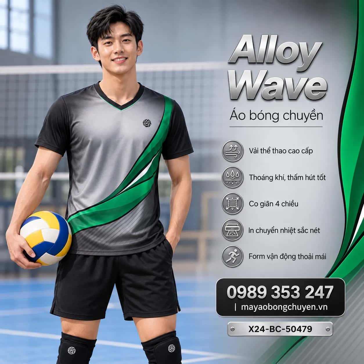 Áo bóng chuyền Alloy Wave xám bạc phối xanh emerald đặt may cho đội