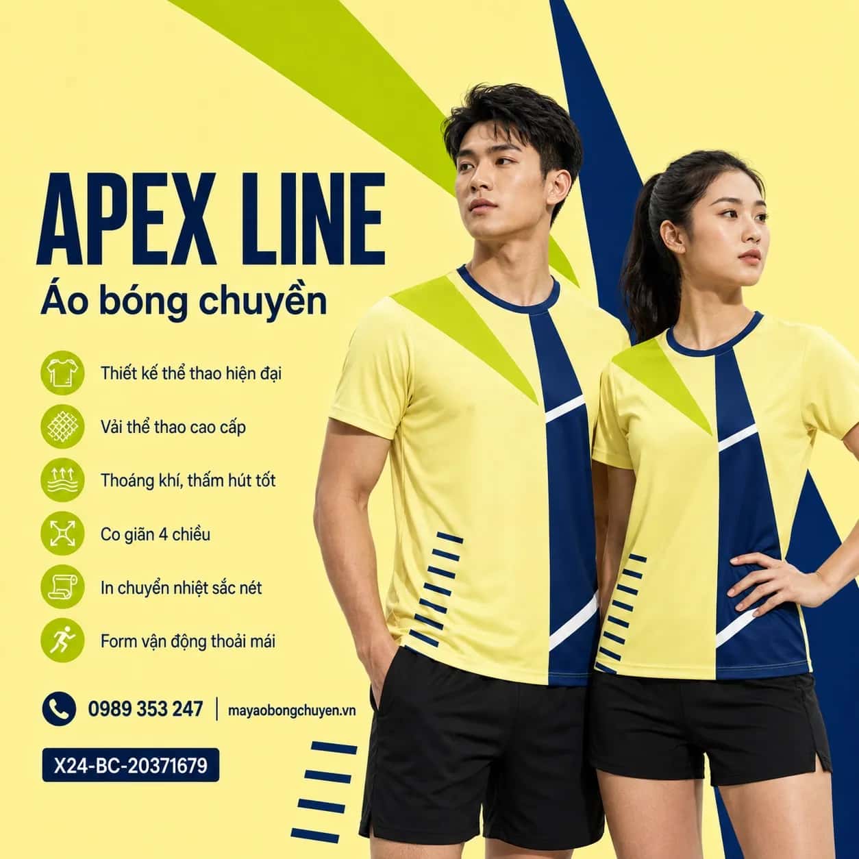 Áo bóng chuyền Apex Line vàng chanh nhạt phối xanh navy đặt may cho đội