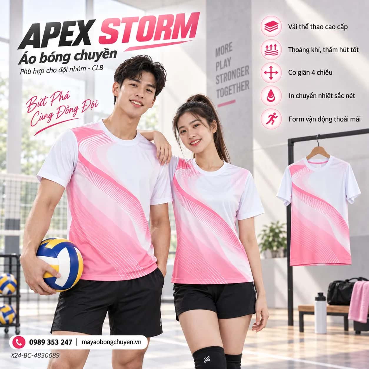 Áo bóng chuyền Apex Storm phối hồng pastel trắng đặt đội