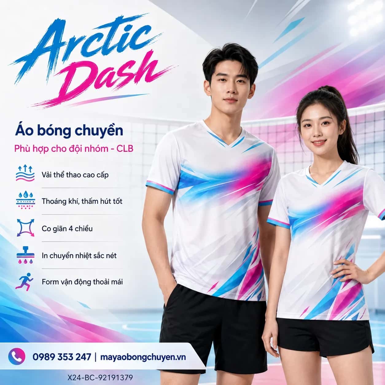 Áo bóng chuyền Arctic Dash phối trắng xanh cyan đặt đội