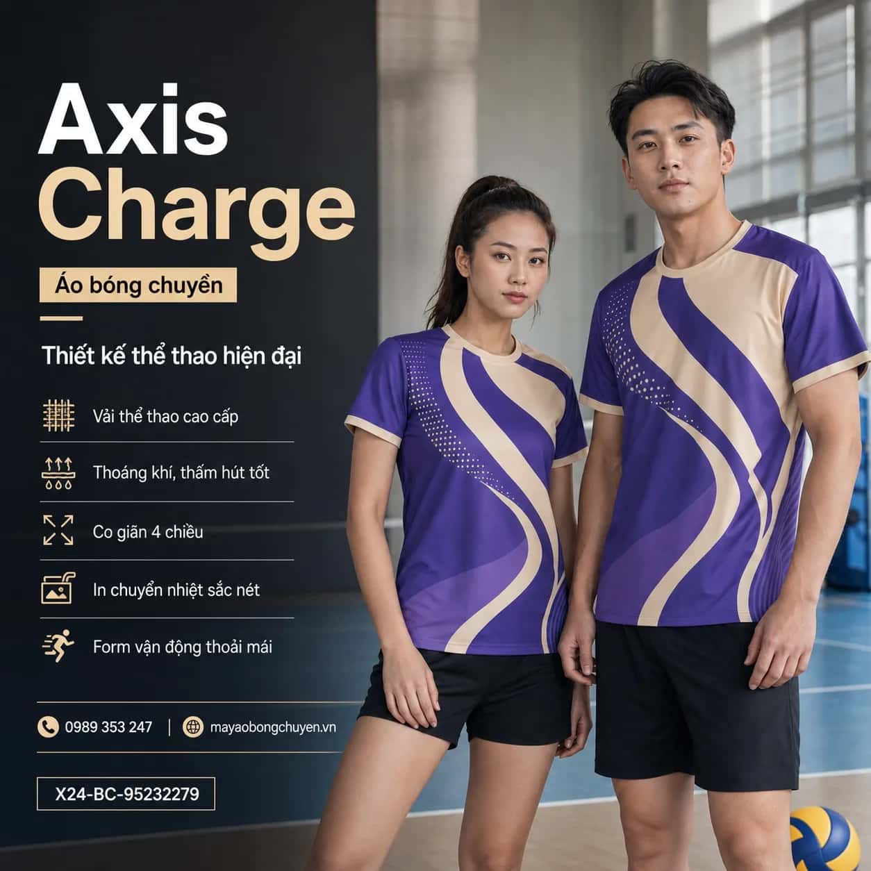 Áo bóng chuyền Axis Charge phối tím violet kem ấm đặt đội
