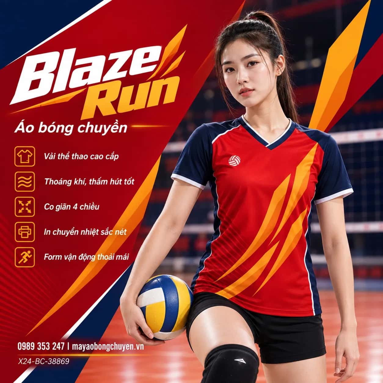 Áo bóng chuyền Blaze đỏ cam phối navy cho đội