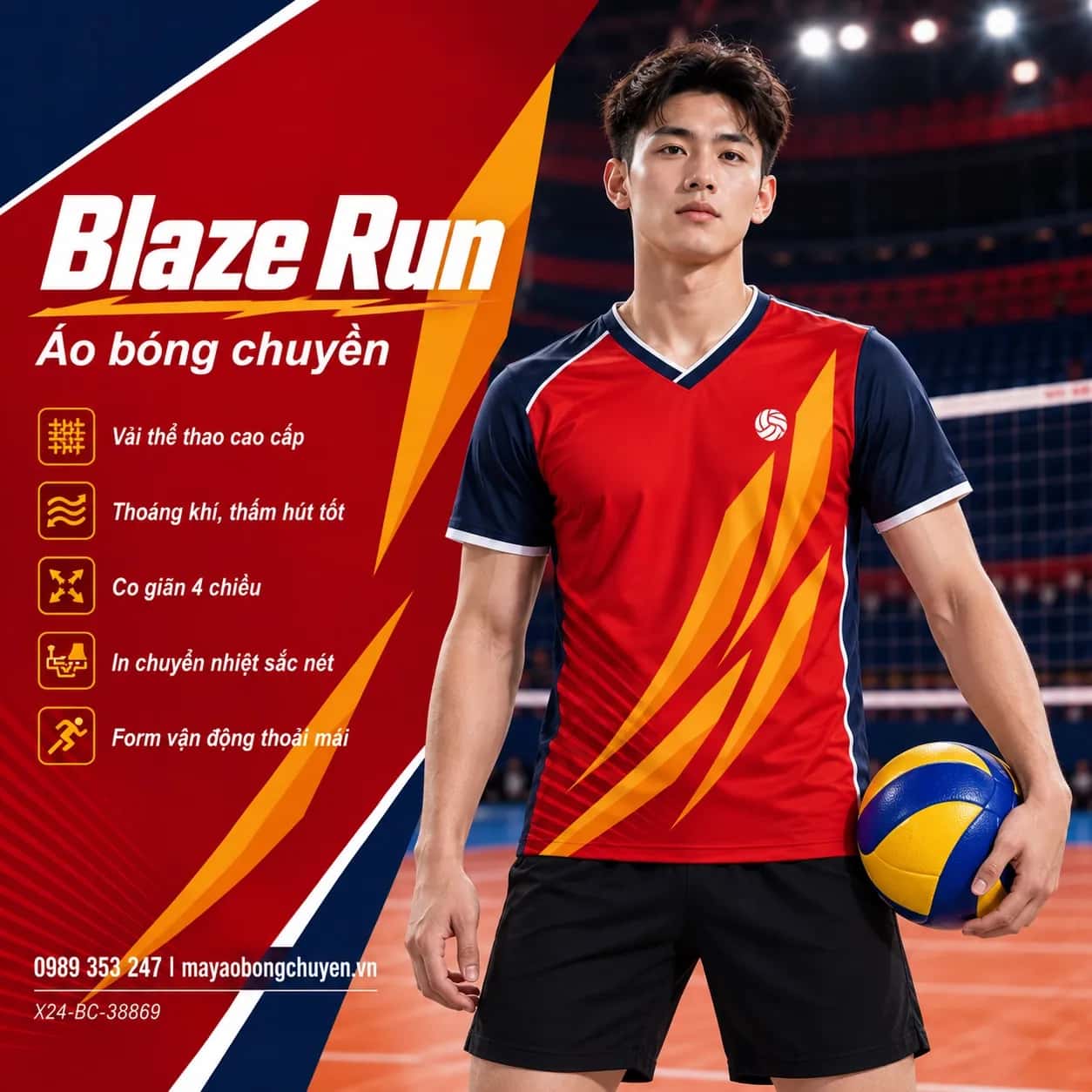 Áo bóng chuyền Blaze đỏ cam phối navy cho đội