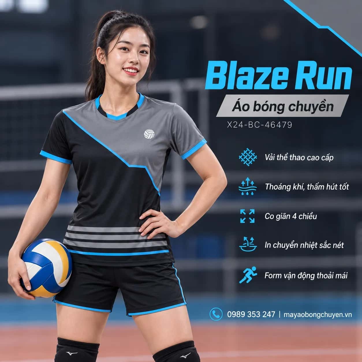 Áo bóng chuyền Blaze Run xám graphite phối xanh cyan đặt may cho đội