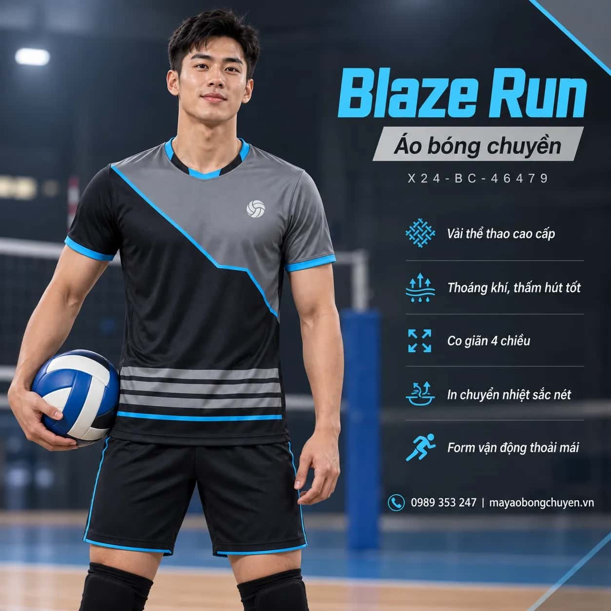 Áo bóng chuyền Blaze Run xám graphite phối xanh cyan đặt may cho đội