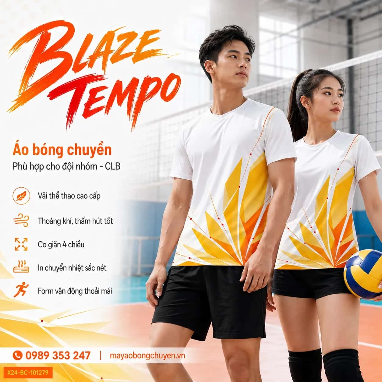 Áo bóng chuyền Blaze Tempo phối trắng, vàng gold, cam và đỏ scarlet đặt may cho đội