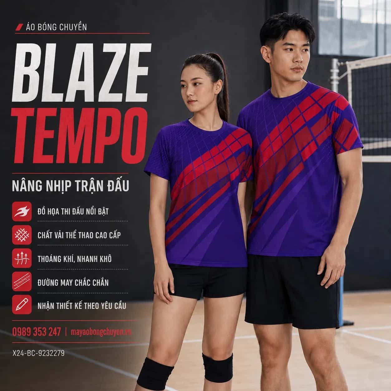 Áo bóng chuyền Blaze Tempo phối tím violet đỏ crimson đặt đội