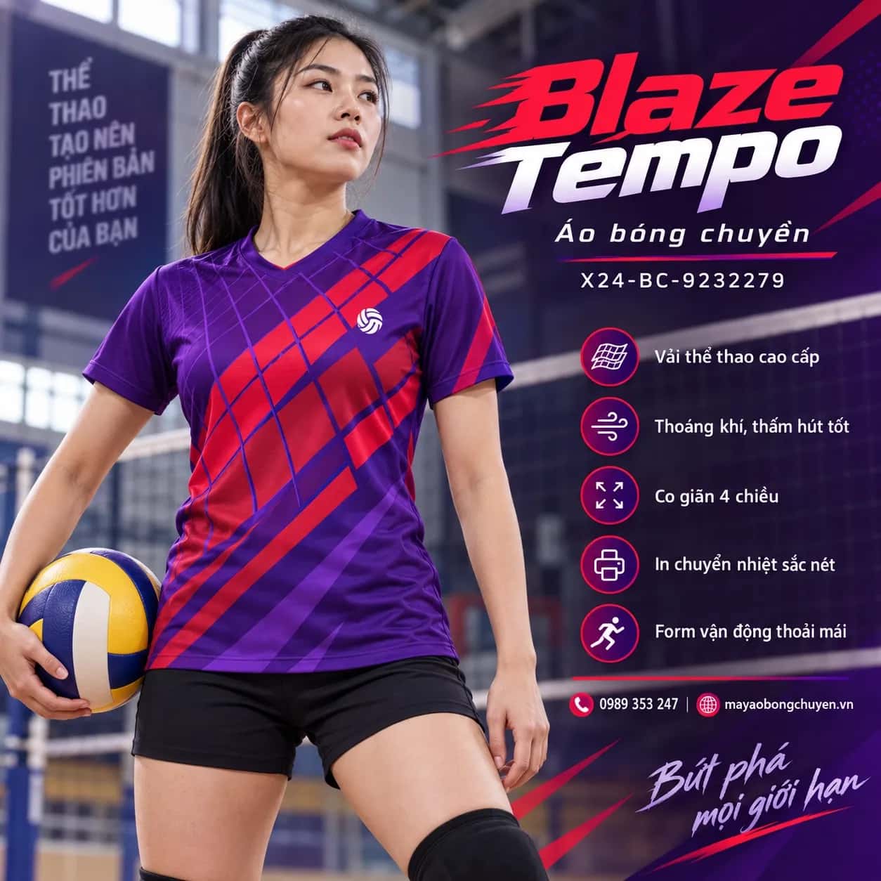 Áo bóng chuyền Blaze Tempo phối tím violet đỏ crimson đặt đội