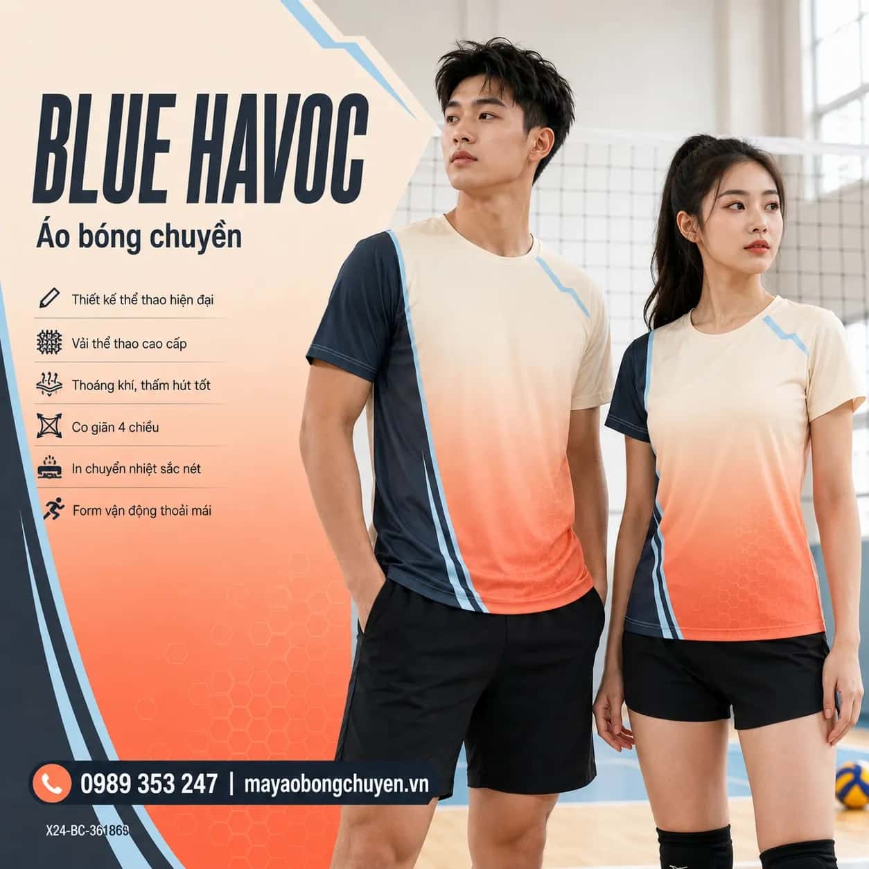 Áo bóng chuyền Blue Havoc phối kem ivory cam coral đặt đội