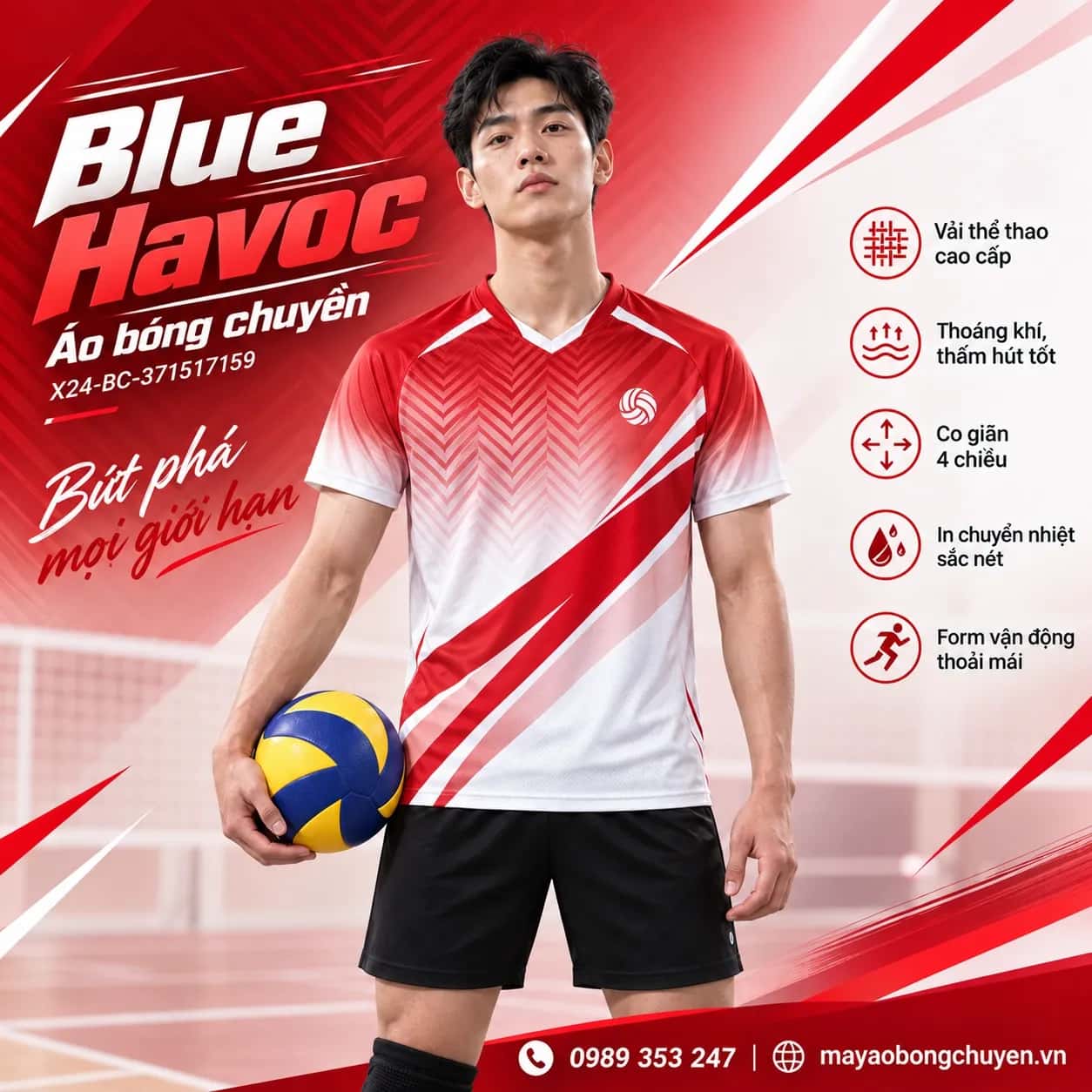 Áo bóng chuyền Blue Havoc phối trắng đỏ đặt đội