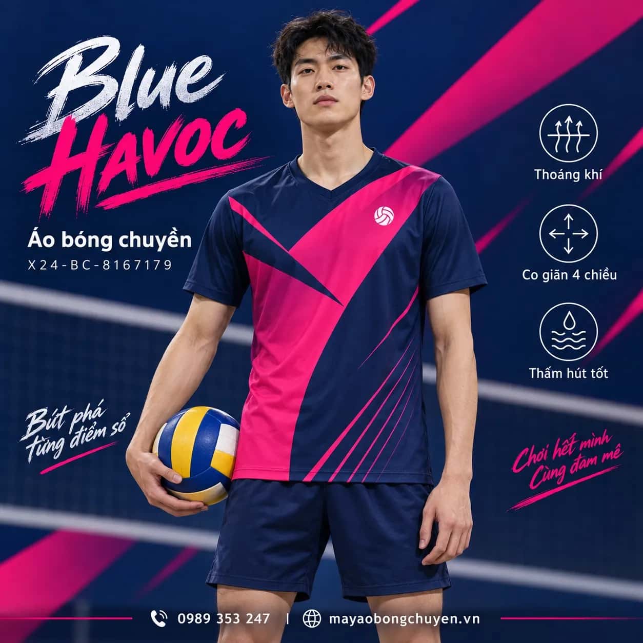 Áo bóng chuyền Blue Havoc phối xanh navy hồng magenta đặt đội