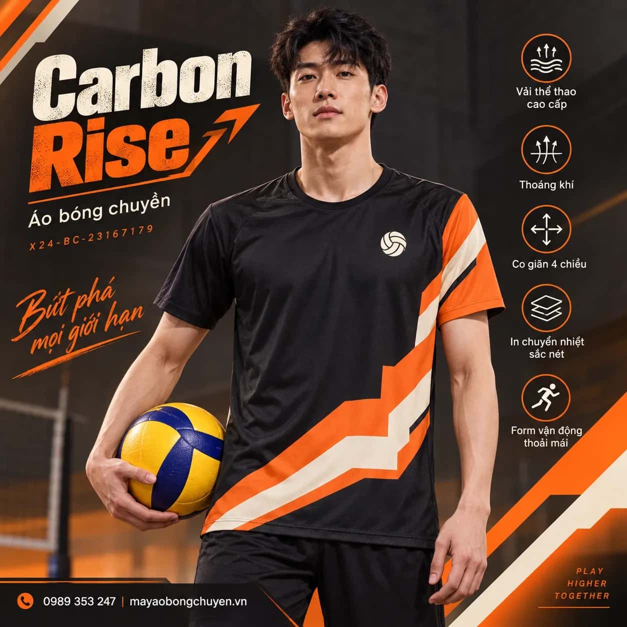 Áo bóng chuyền Carbon Rise phối đen than cam đặt đội