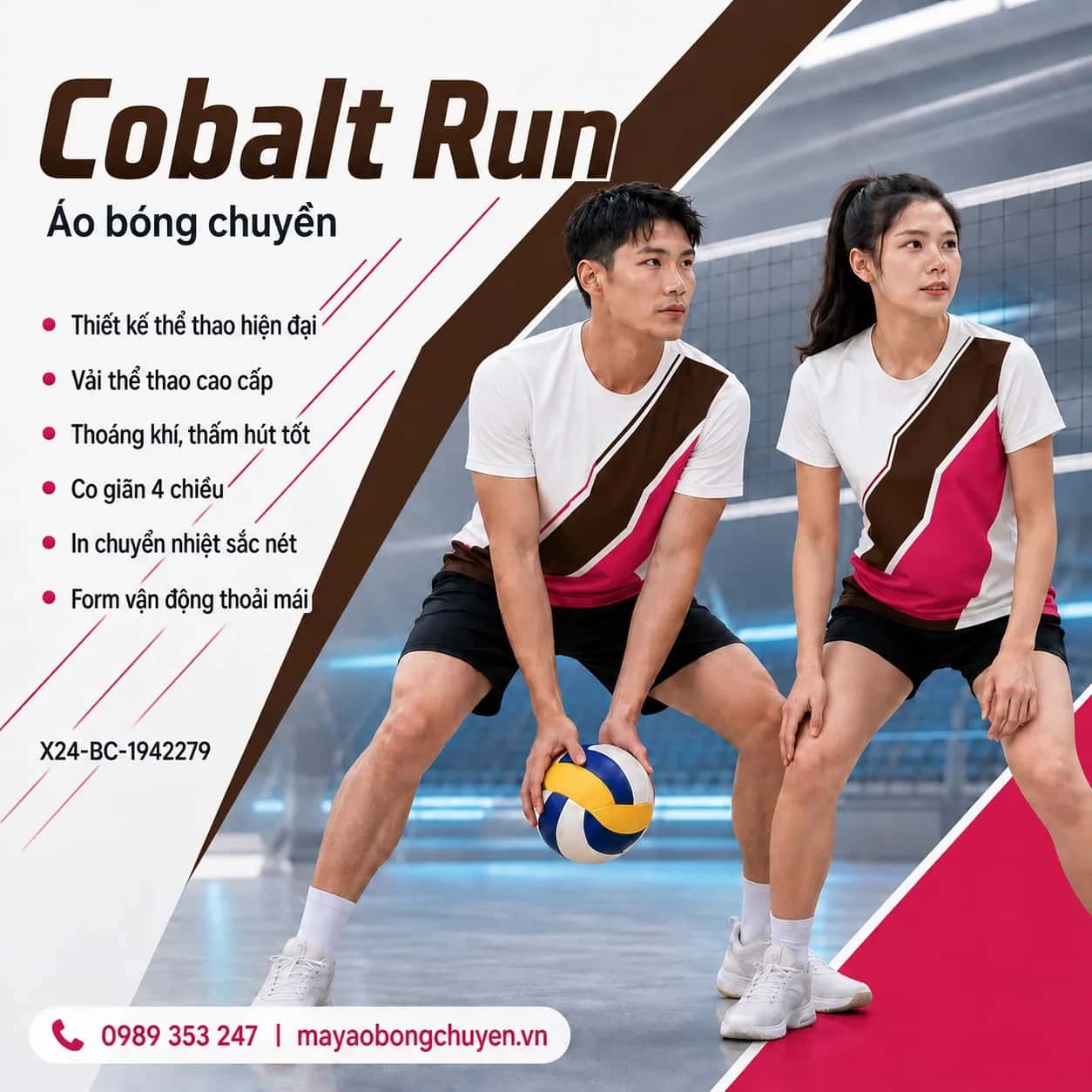 Áo bóng chuyền Cobalt Run phối nâu chocolate hồng rose đặt đội