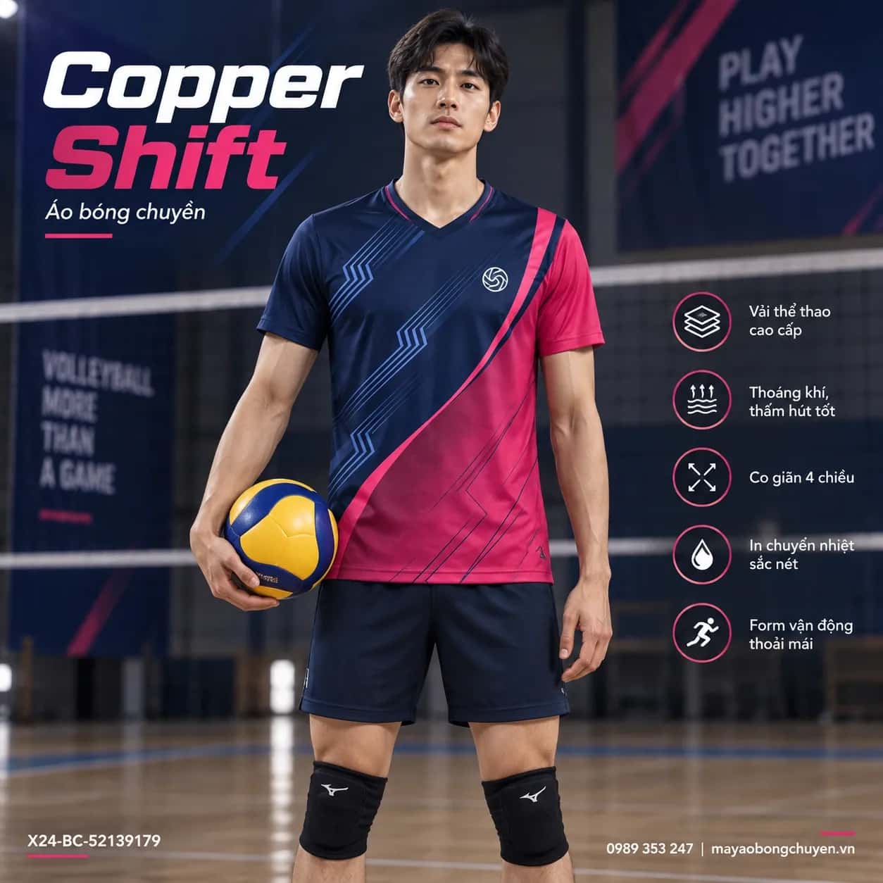 Áo bóng chuyền Copper Shift phối xanh navy và hồng đặt đội
