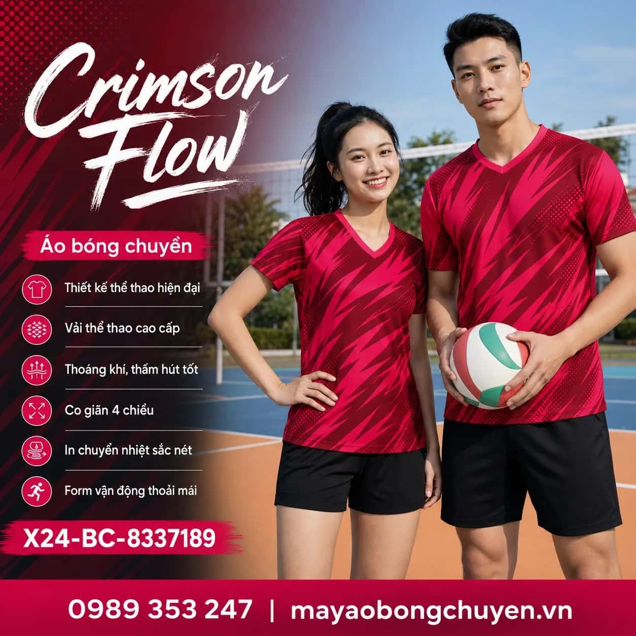 Áo bóng chuyền Crimson Flow phối đỏ crimson hồng magenta đặt đội