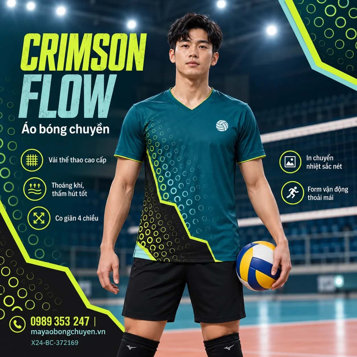 Áo bóng chuyền Crimson Flow xanh teal họa tiết hình tròn