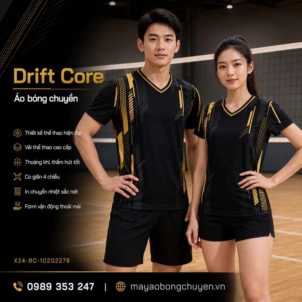 Áo bóng chuyền Drift Core phối đen vàng gold đặt đội