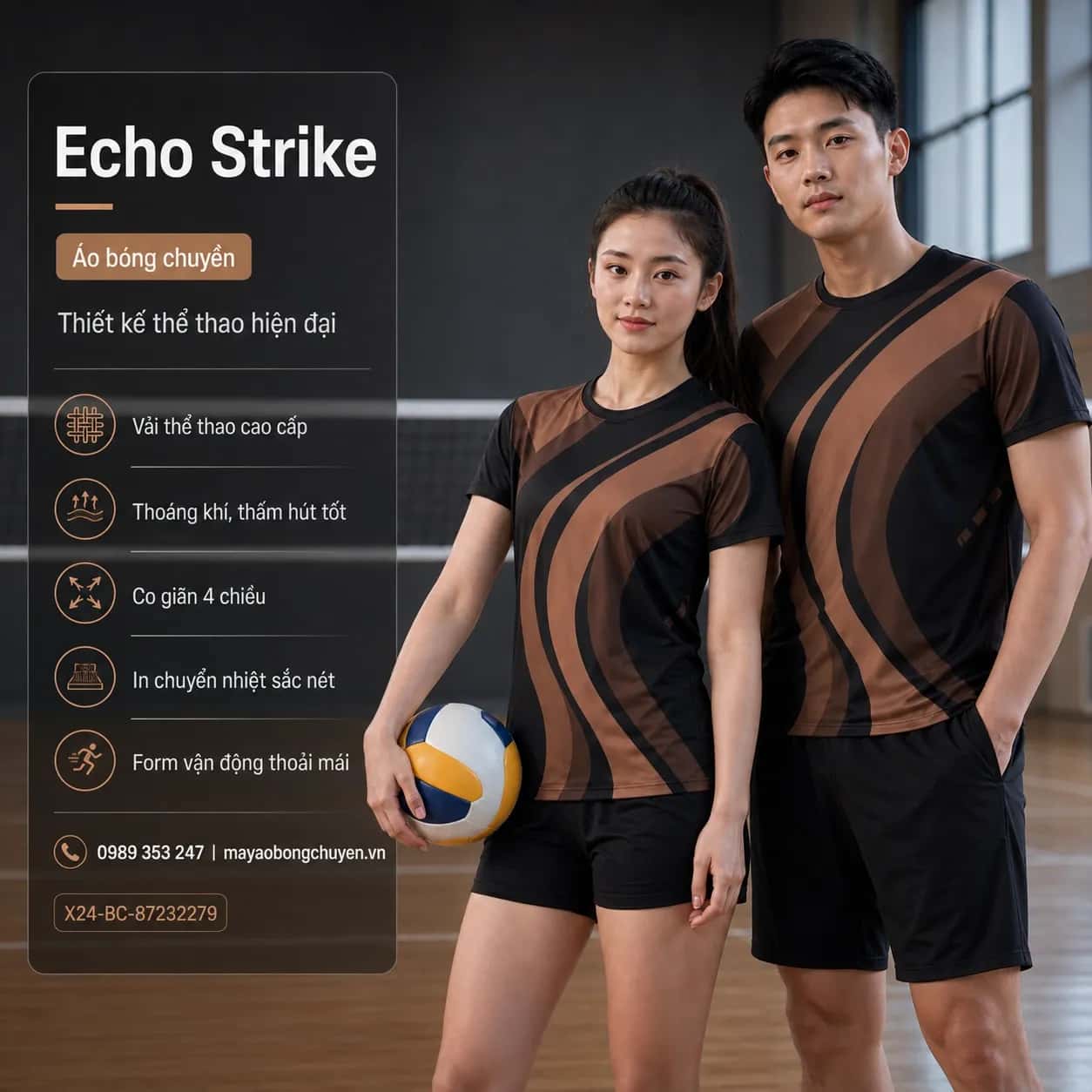 Áo bóng chuyền Echo Strike phối đen nâu cacao đặt đội