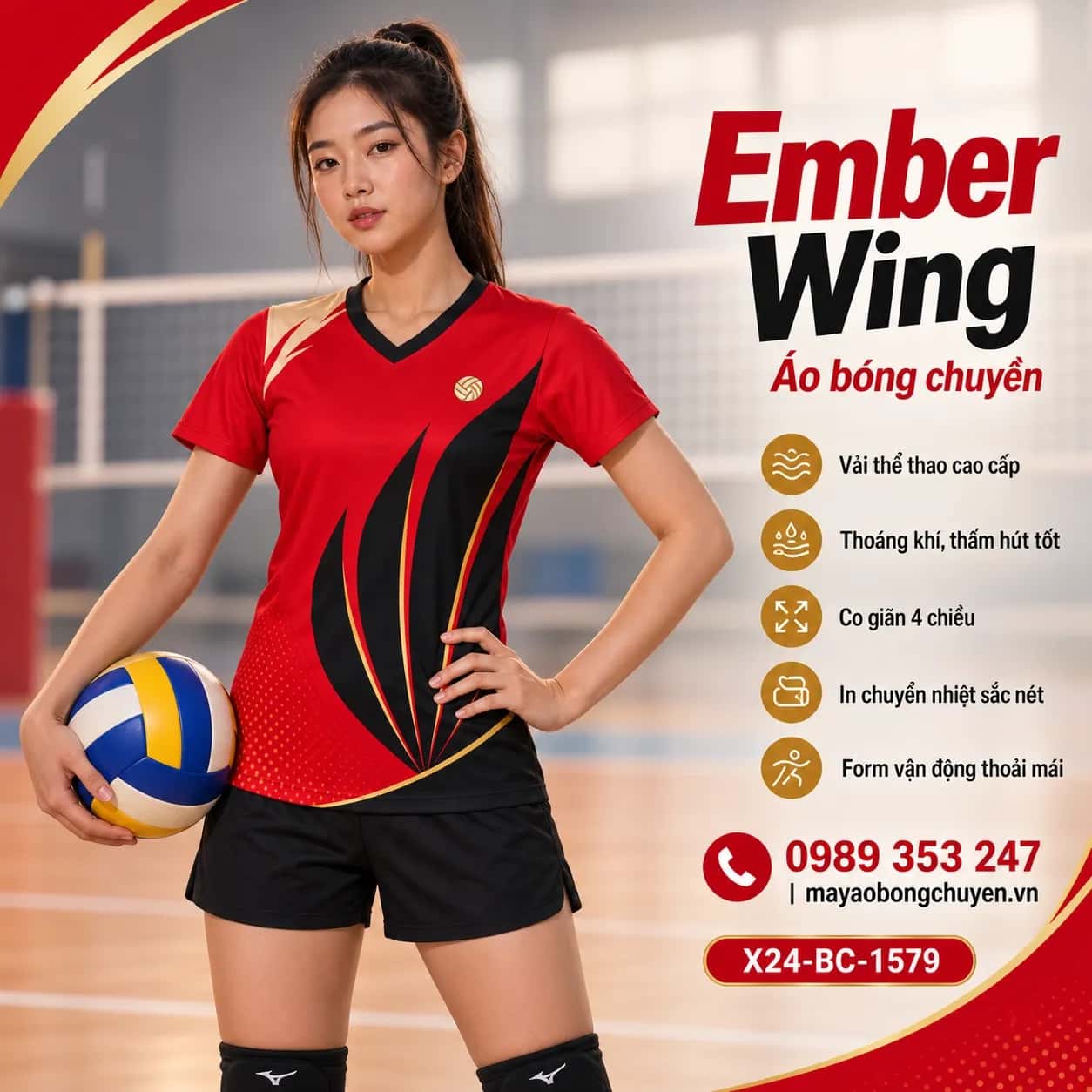Áo bóng chuyền Ember Wing đỏ scarlet phối đen đặt may cho đội