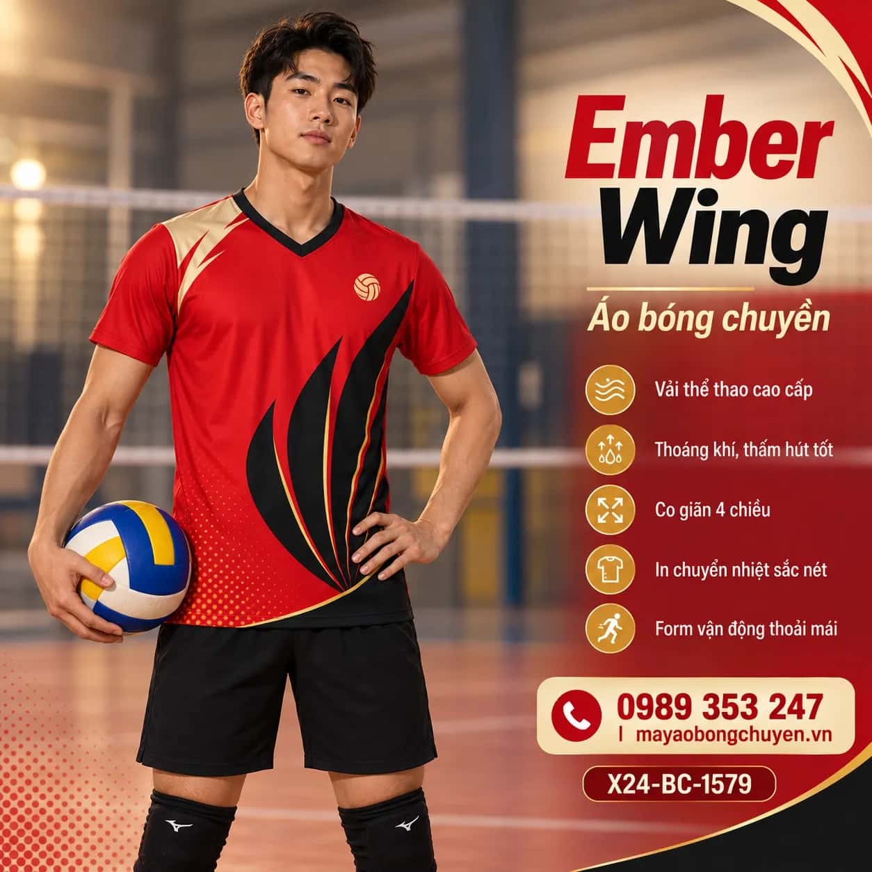 Áo bóng chuyền Ember Wing đỏ scarlet phối đen đặt may cho đội