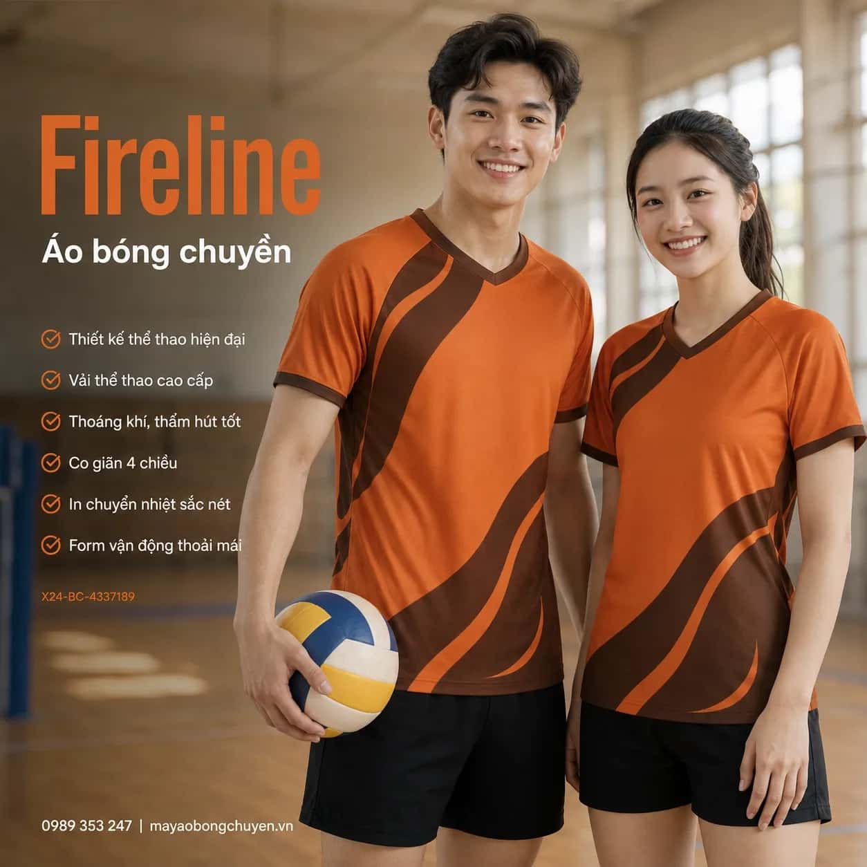 Áo bóng chuyền Fireline phối cam cháy nâu cacao đặt đội
