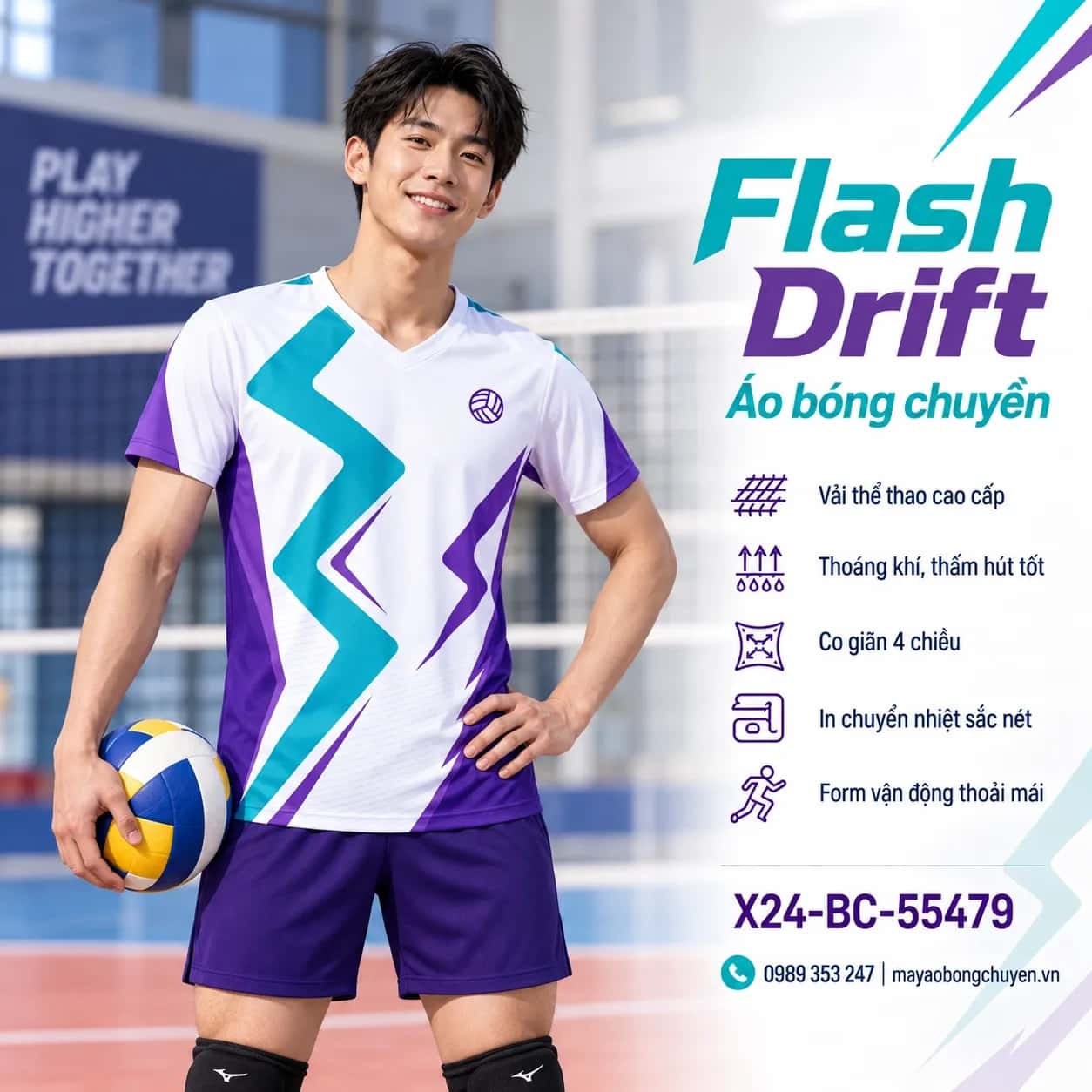 Áo bóng chuyền Flash Drift trắng phối xanh turquoise đặt may cho đội