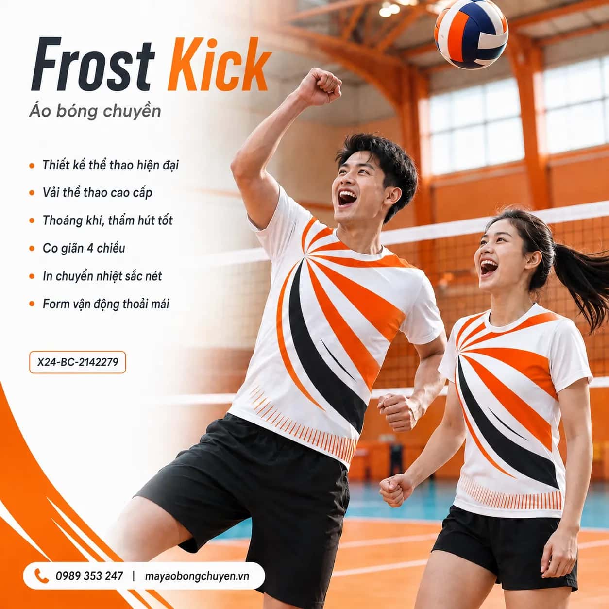 Áo bóng chuyền Frost Kick phối đen cam orange đặt đội