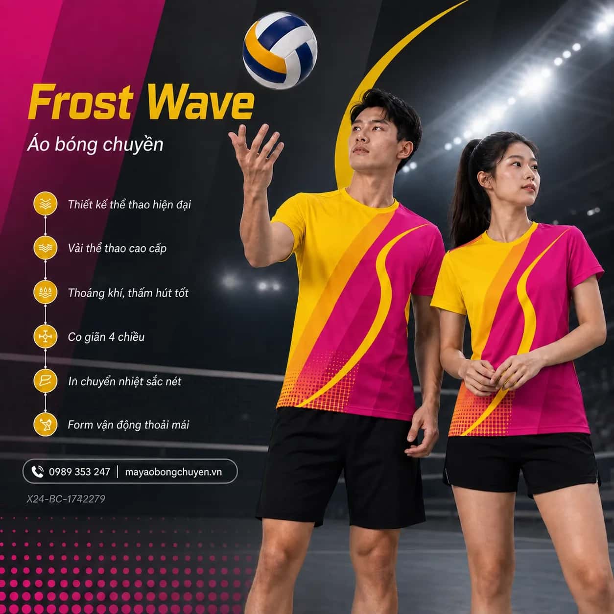 Áo bóng chuyền Frost Wave phối hồng magenta vàng đặt đội