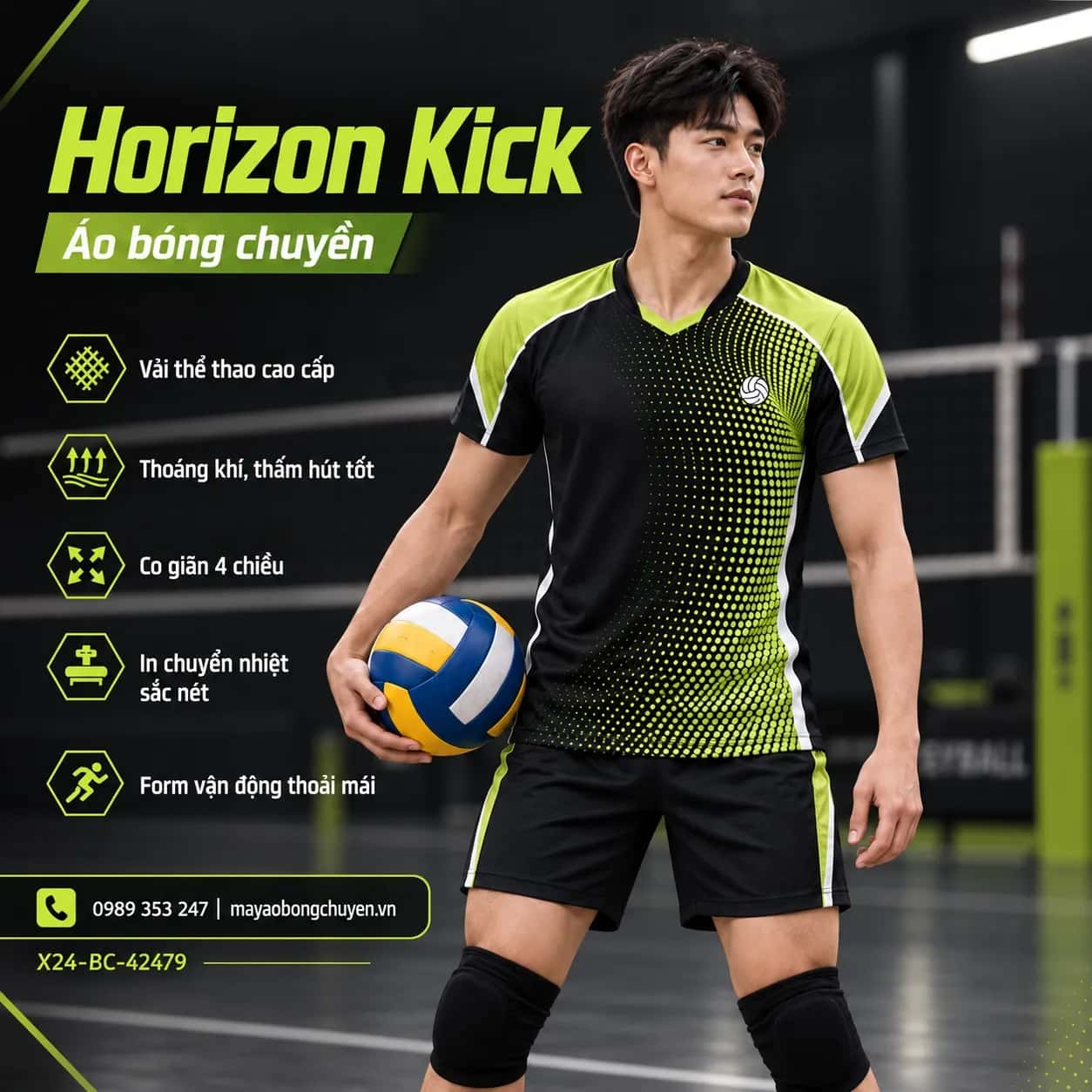 Áo bóng chuyền Horizon Kick đen mờ phối xanh lime đặt may cho đội