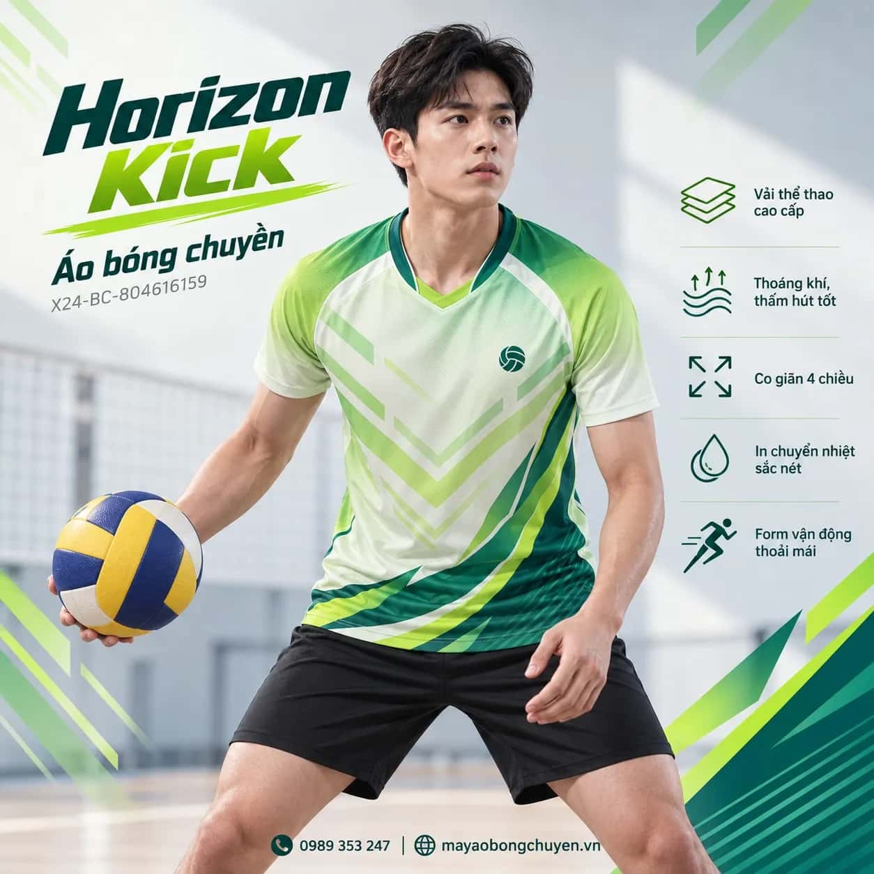 Áo bóng chuyền Horizon Kick phối xanh teal đậm xanh lime đặt đội
