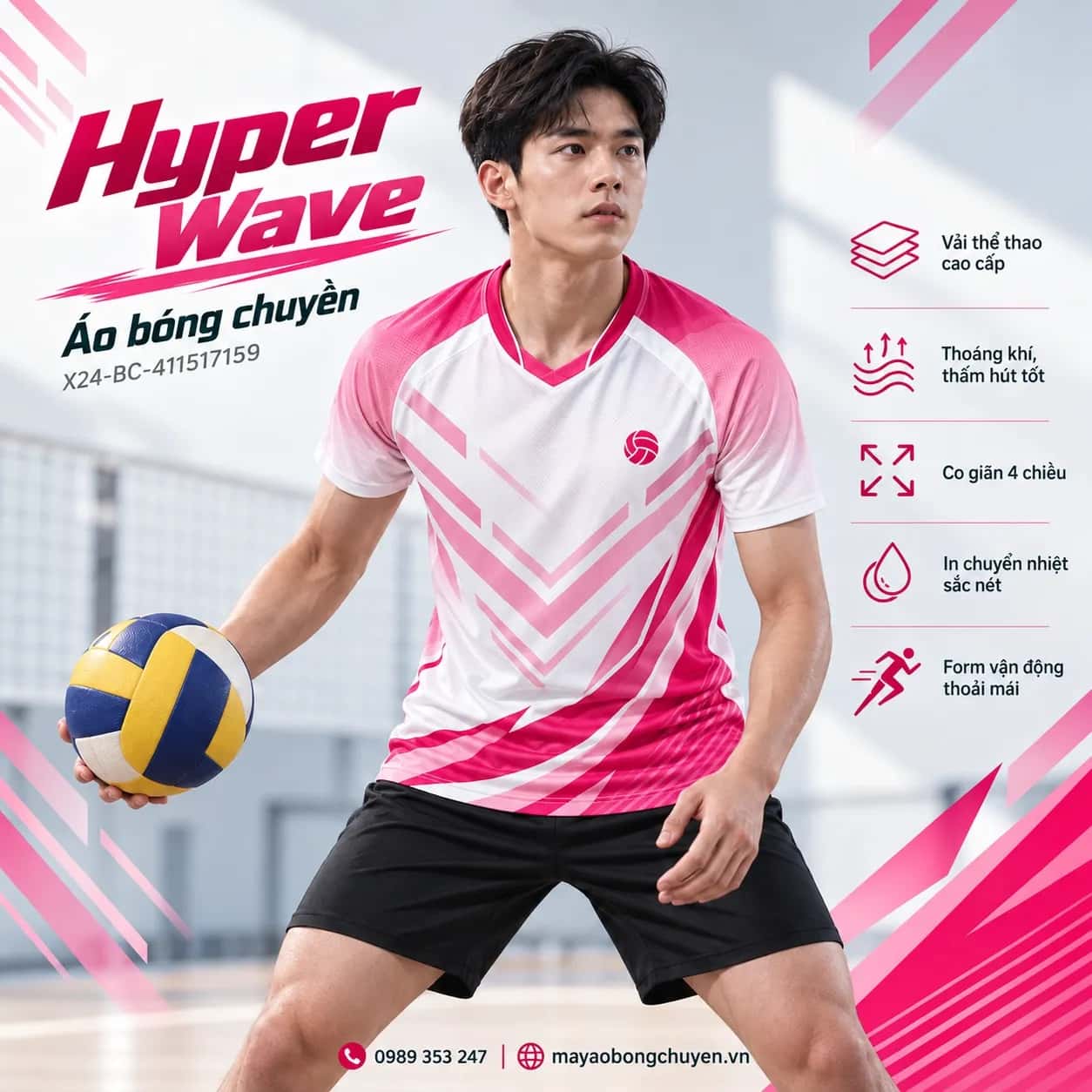 Áo bóng chuyền Hyper Wave phối trắng hồng đặt đội