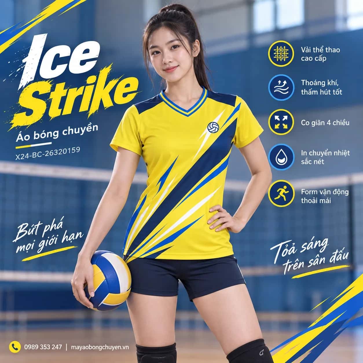 Áo bóng chuyền Ice Strike phối vàng tươi xanh navy đặt đội