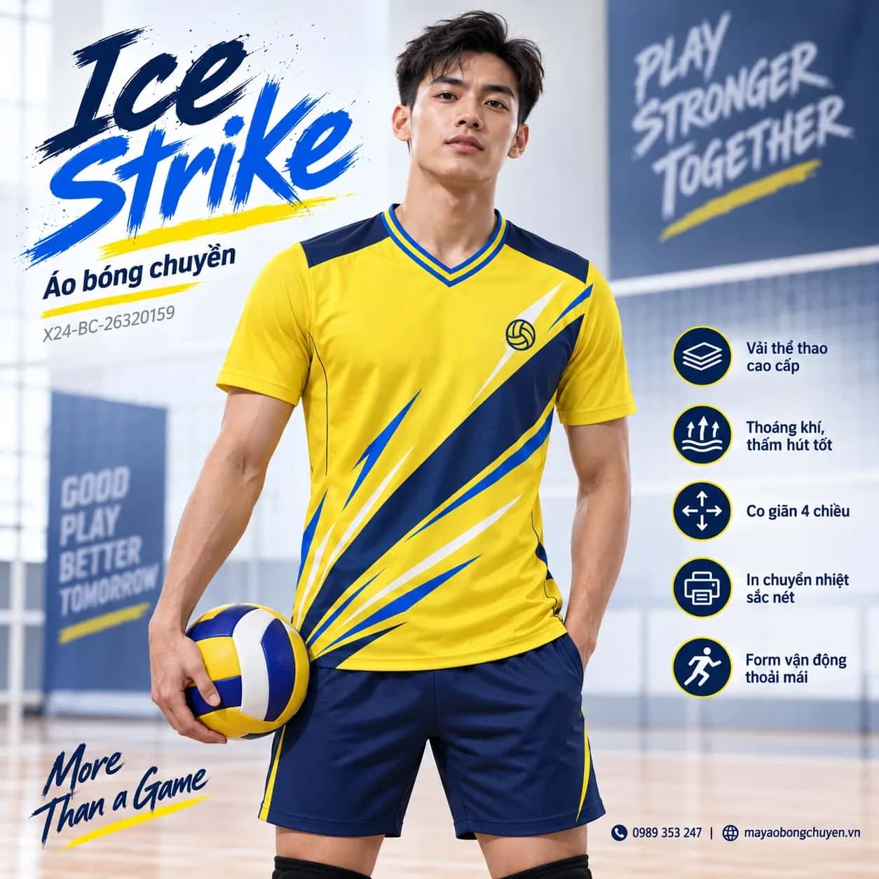 Áo bóng chuyền Ice Strike phối vàng tươi xanh navy đặt đội