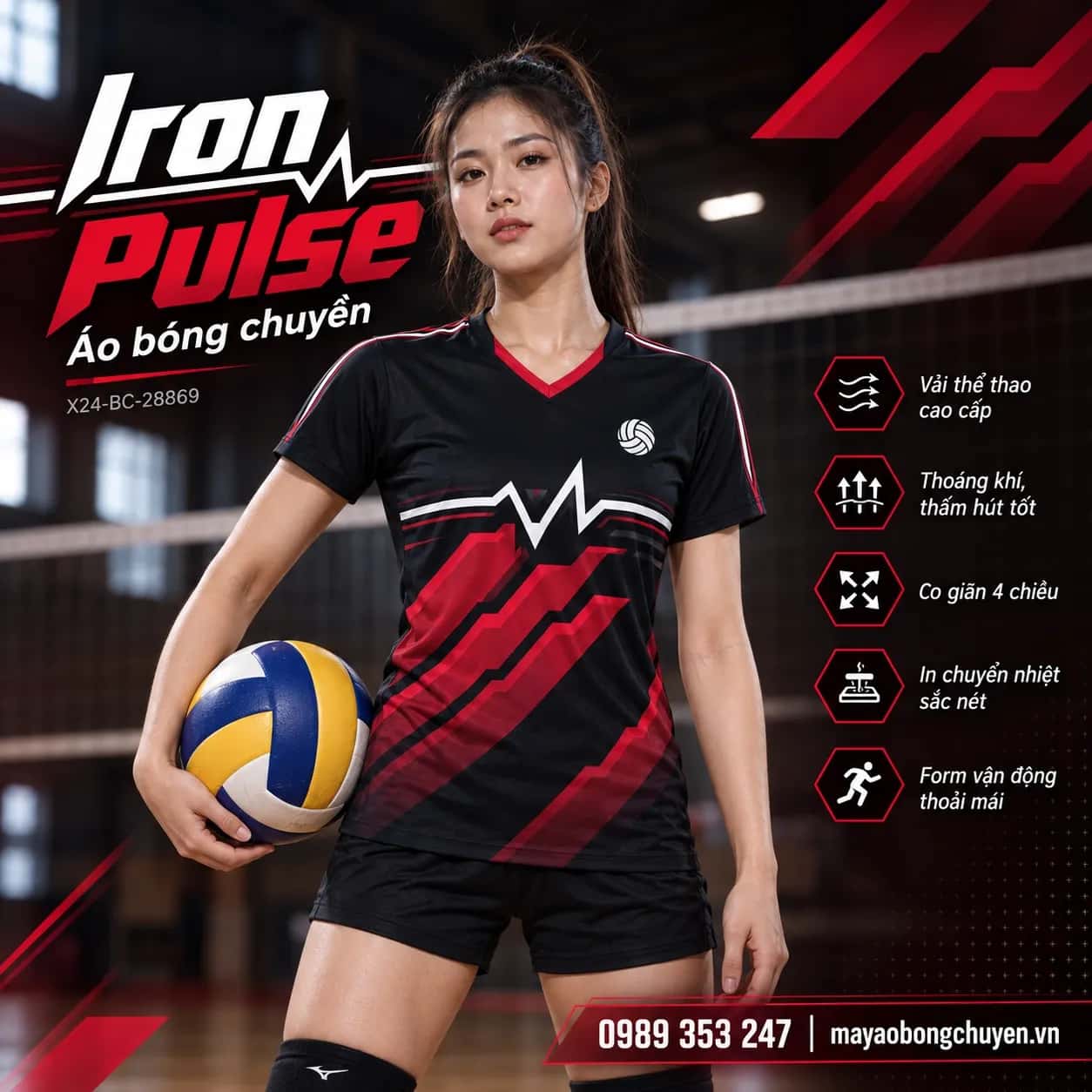 Áo bóng chuyền Pulse đen đỏ cho đội nam nữ