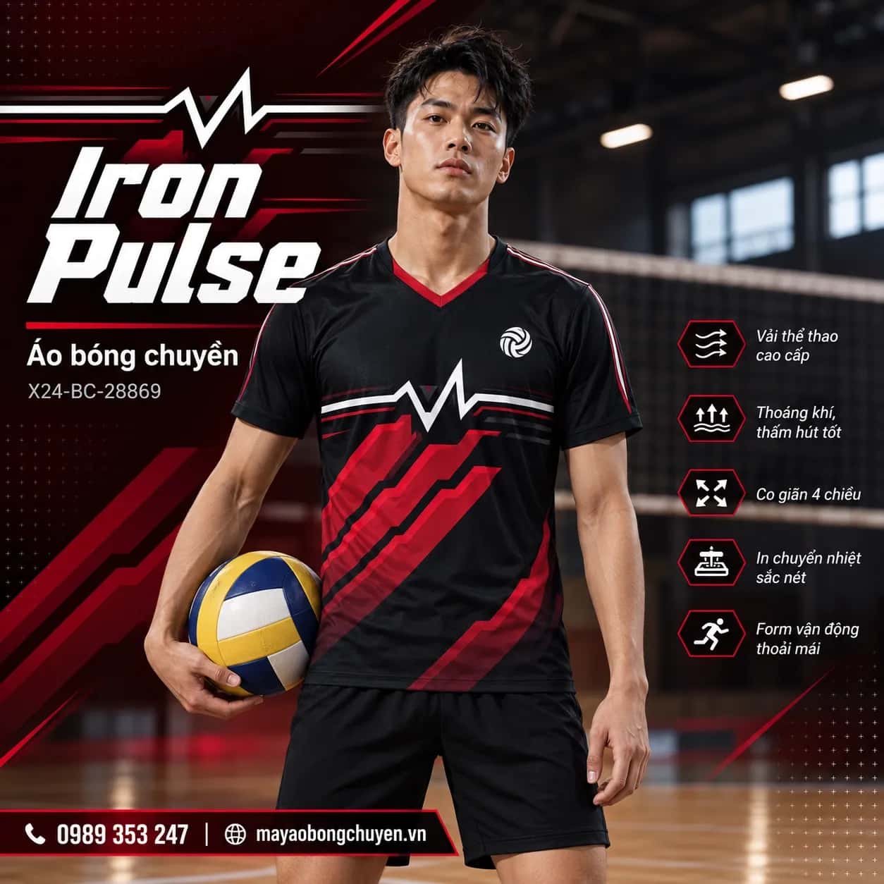 Áo bóng chuyền Pulse đen đỏ cho đội nam nữ