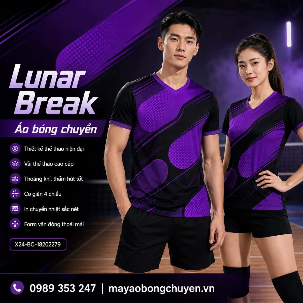 Áo bóng chuyền Lunar Break phối đen tím violet đặt đội