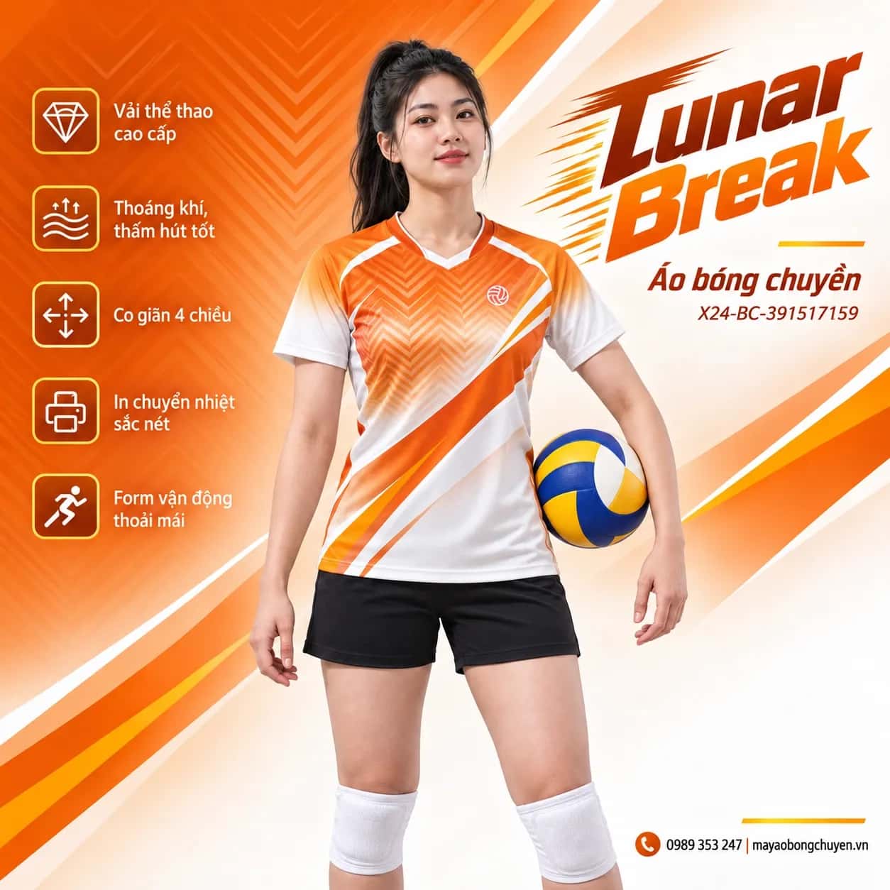 Áo bóng chuyền Lunar Break phối trắng cam đặt đội