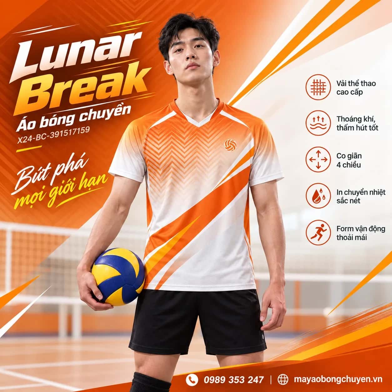 Áo bóng chuyền Lunar Break phối trắng cam đặt đội