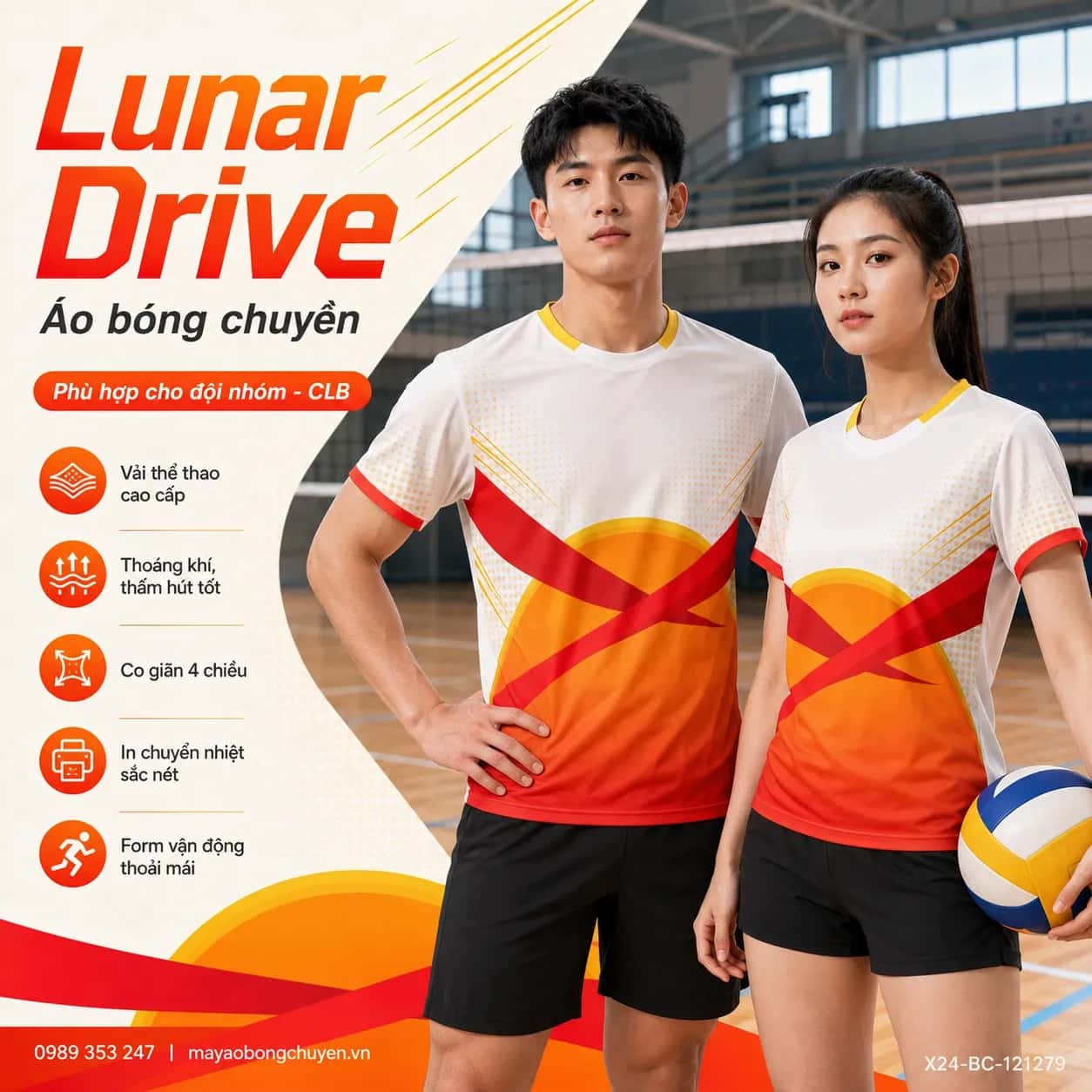 Áo bóng chuyền Lunar Drive phối trắng, cam, đỏ vermilion và vàng chanh đặt may cho đội