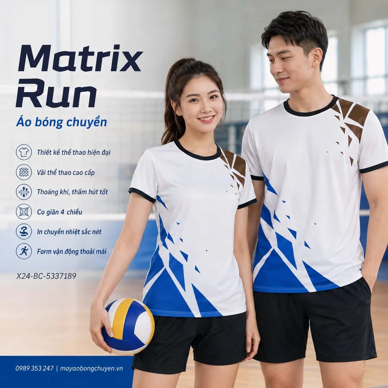 Áo bóng chuyền Matrix Run phối ngọc trai xanh cobalt đặt đội