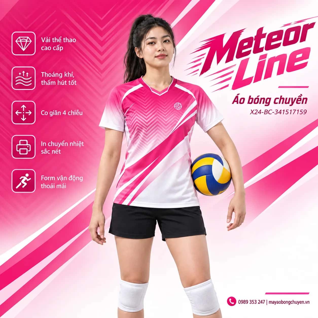 Áo bóng chuyền Meteor Line phối trắng hồng đặt đội