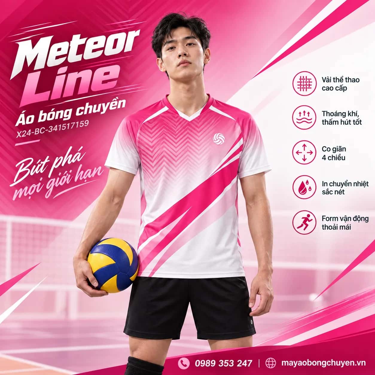 Áo bóng chuyền Meteor Line phối trắng hồng đặt đội